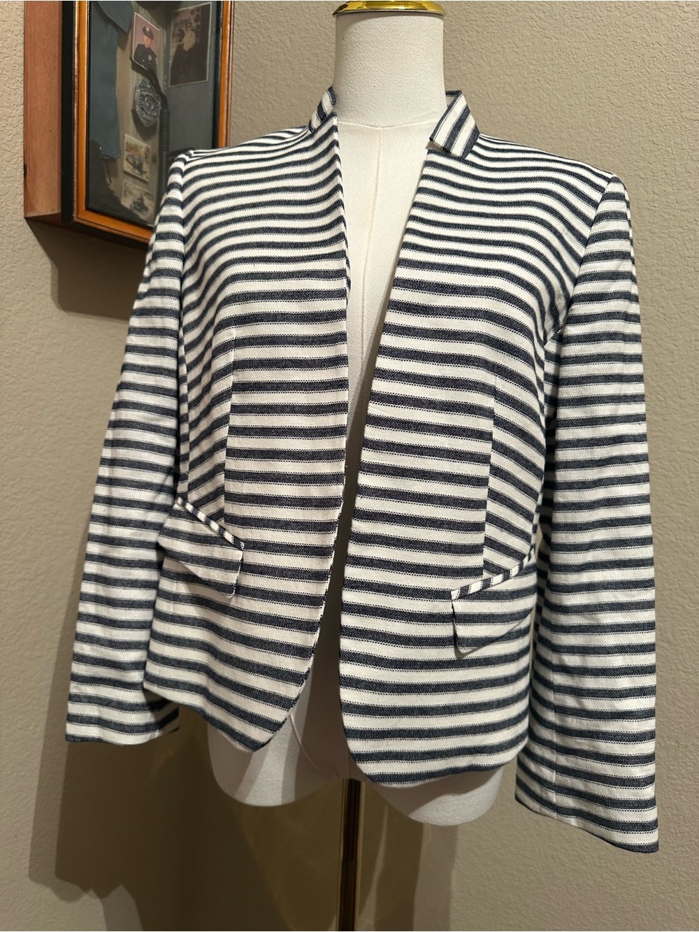 Nine West Navy and White Striped Open-Front Blazer